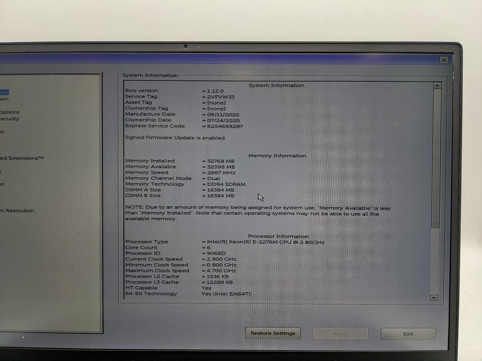 DELL PRECISION 5540 15″ INTEL XEON E-2276m 2.8GHz 32GB RAM 512GB *GRADE D*