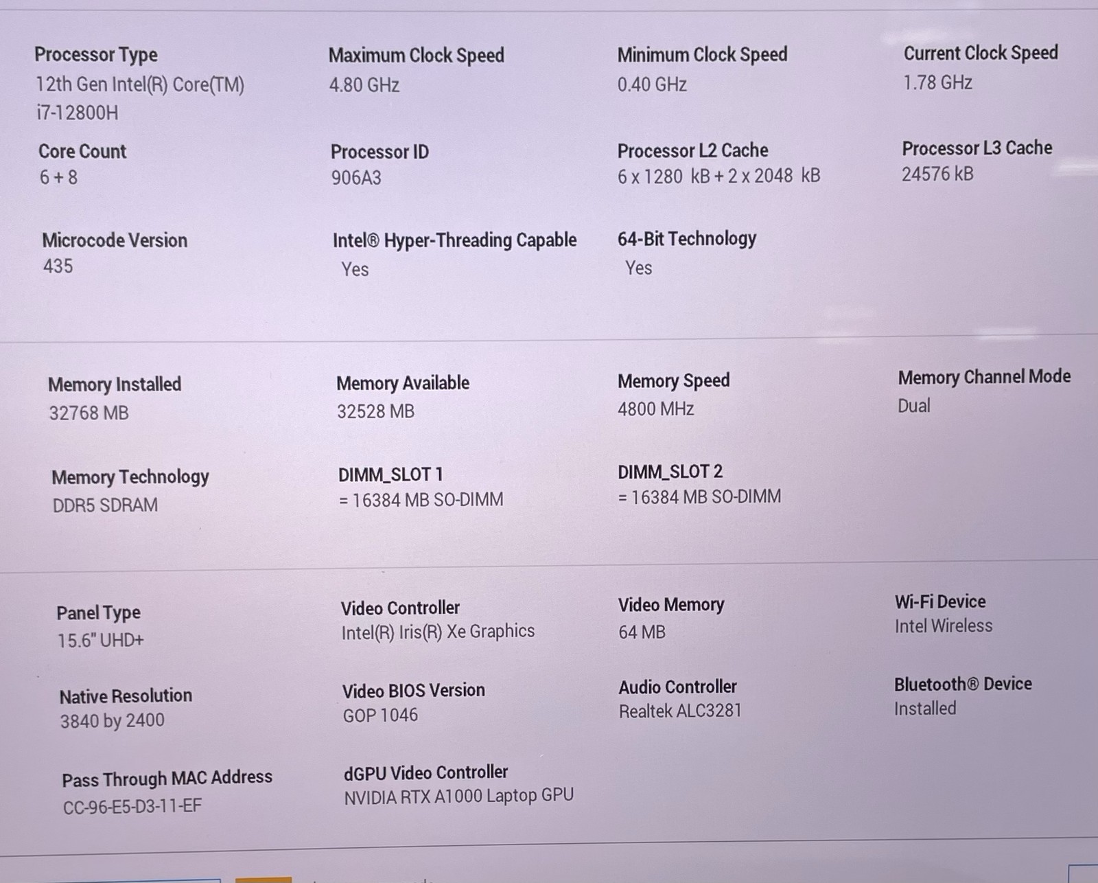 DELL PRECISION 5570 15″ i7-12800H 32GB RAM 1TB SSD–GRADE C LOW BATTERY HEALTH