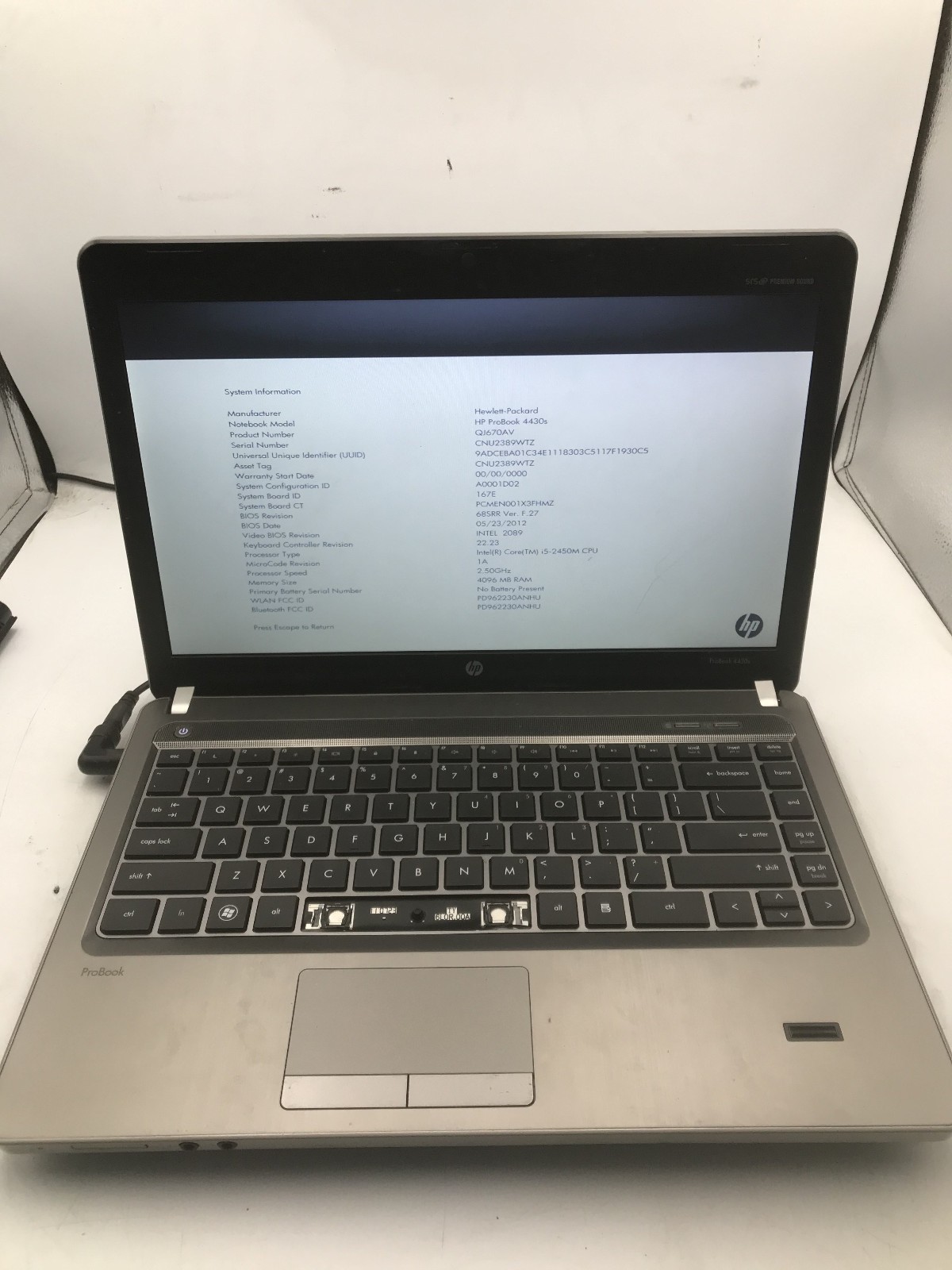 HP PROBOOK 4430s – BOOTS TO BIOS – INTEL I5 2450M – 4GB RAM -READ DESCRIPTION-BB