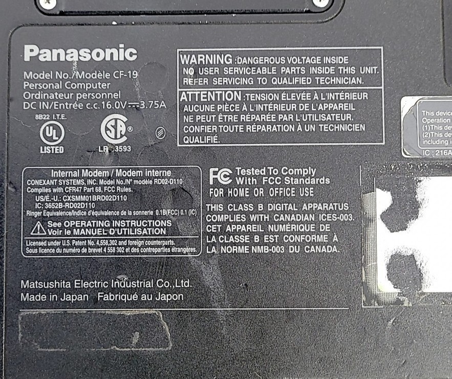 PANASONIC CF-19CDBAXVM Laptop Intel Core DUO U2400 2.5GB 500GB SEE NOTES