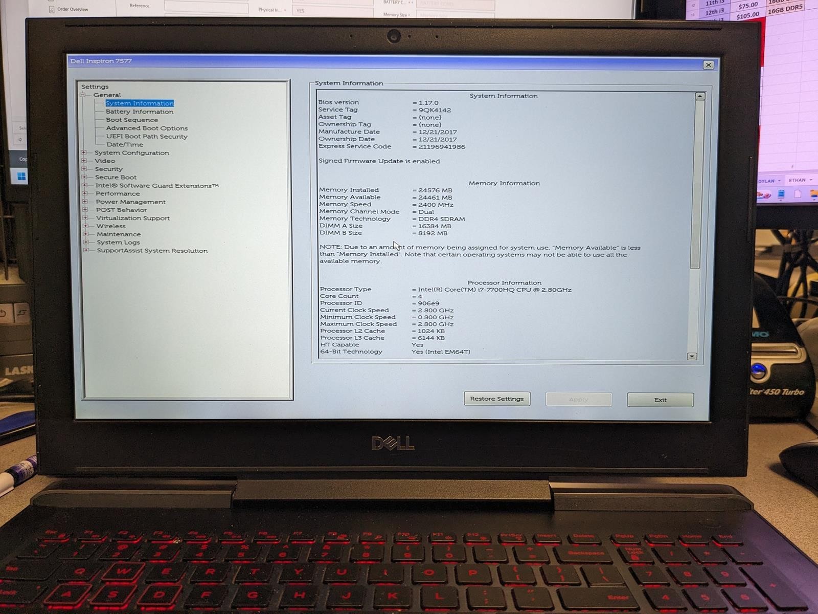 DELL INSPIRON 15 GAMING 7577 i7-7700HQ @ 2.80GHz,24GB RAM, NO HDD/OS