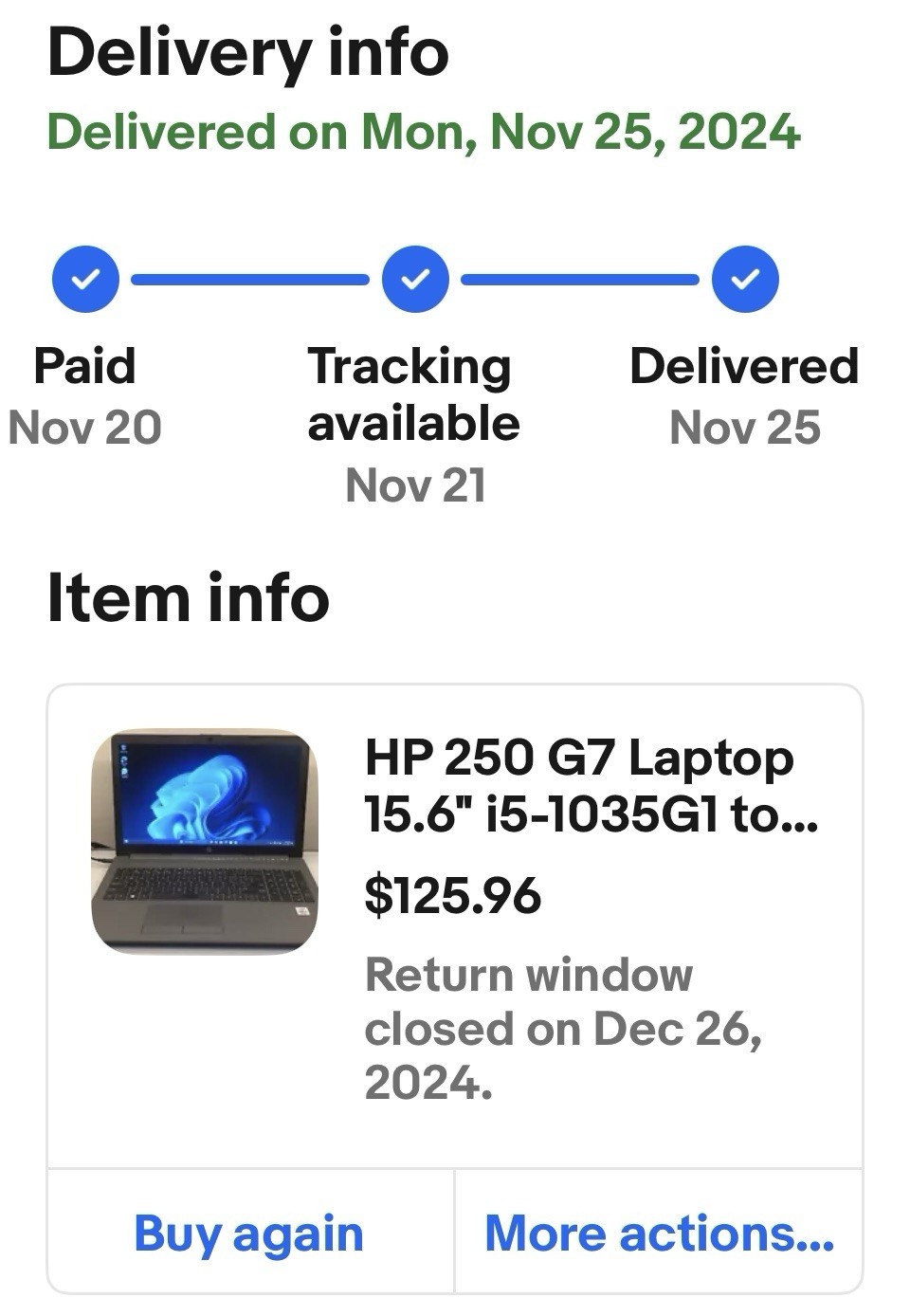 HP 250 G7 Laptop 15.6″ i5-1035G1 Windows 11 Version 24H2 for X64. Please Read