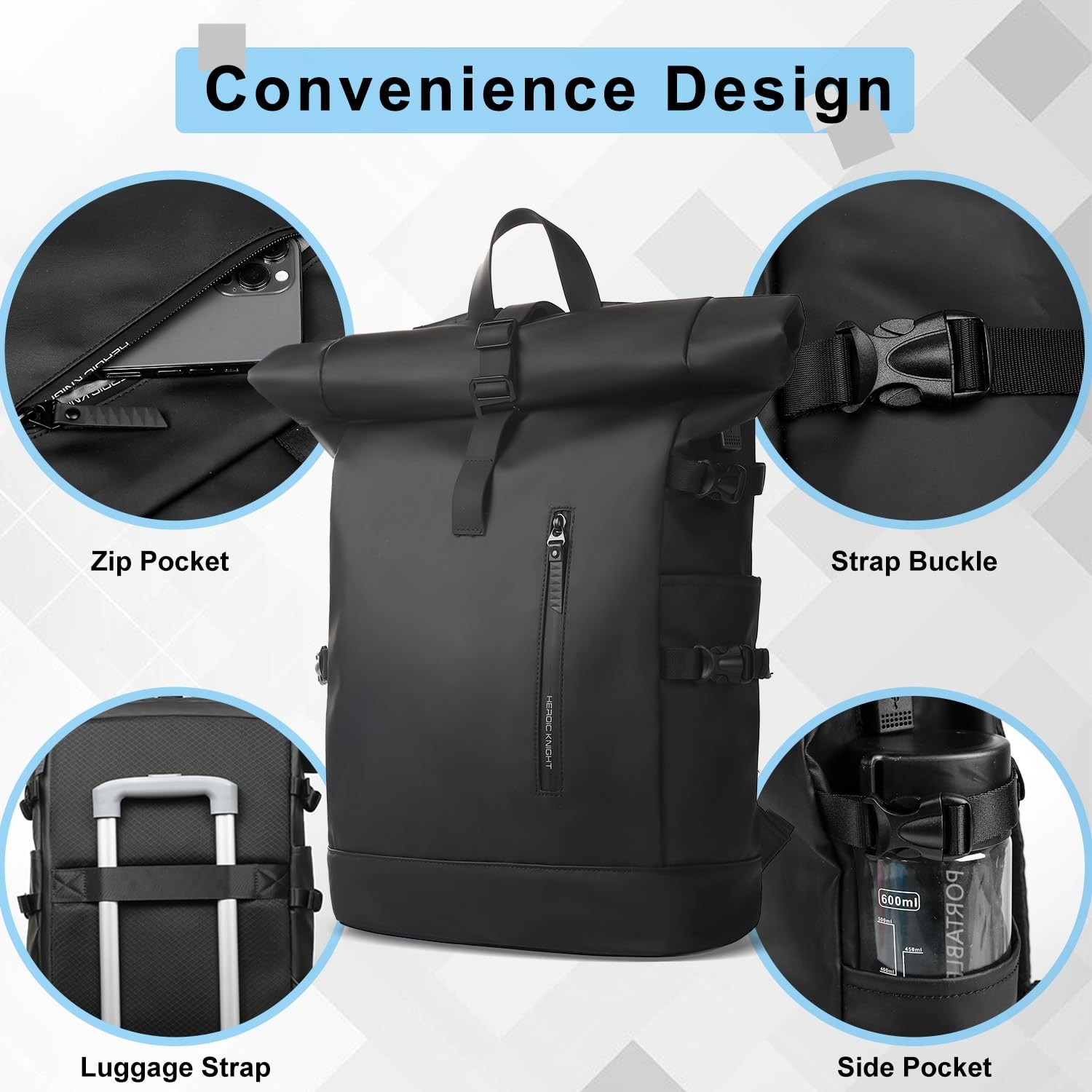HEROIC KNIGHT Rolltop 15.6″ Waterproof Laptop Backpack with USB Charge Port