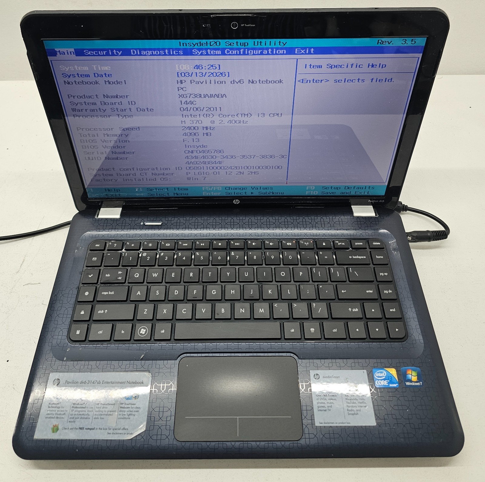 HP Pavilion DV6-3147SB Laptop Intel Core i3 M 370 4GB Ram NO HD/OS (FL)