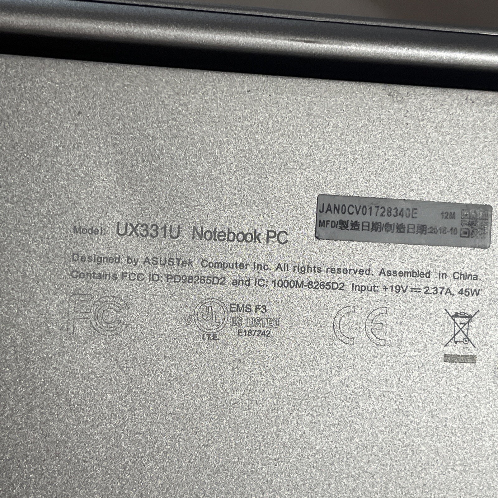 ASUS UX331U NOTEBOOK PC INTEL CORE I5 8TH GEN 8GB RAM NO HD /