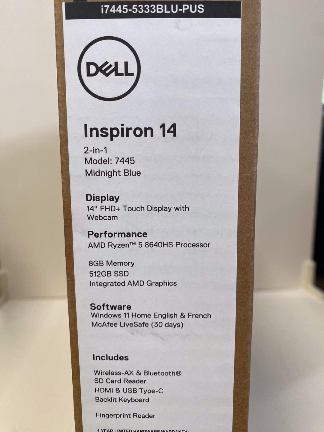 Dell Inspiron 14 Model 7445 2 in 1 AMD Ryzen 5 8640 8GB 512GB SSD Midnight Blue