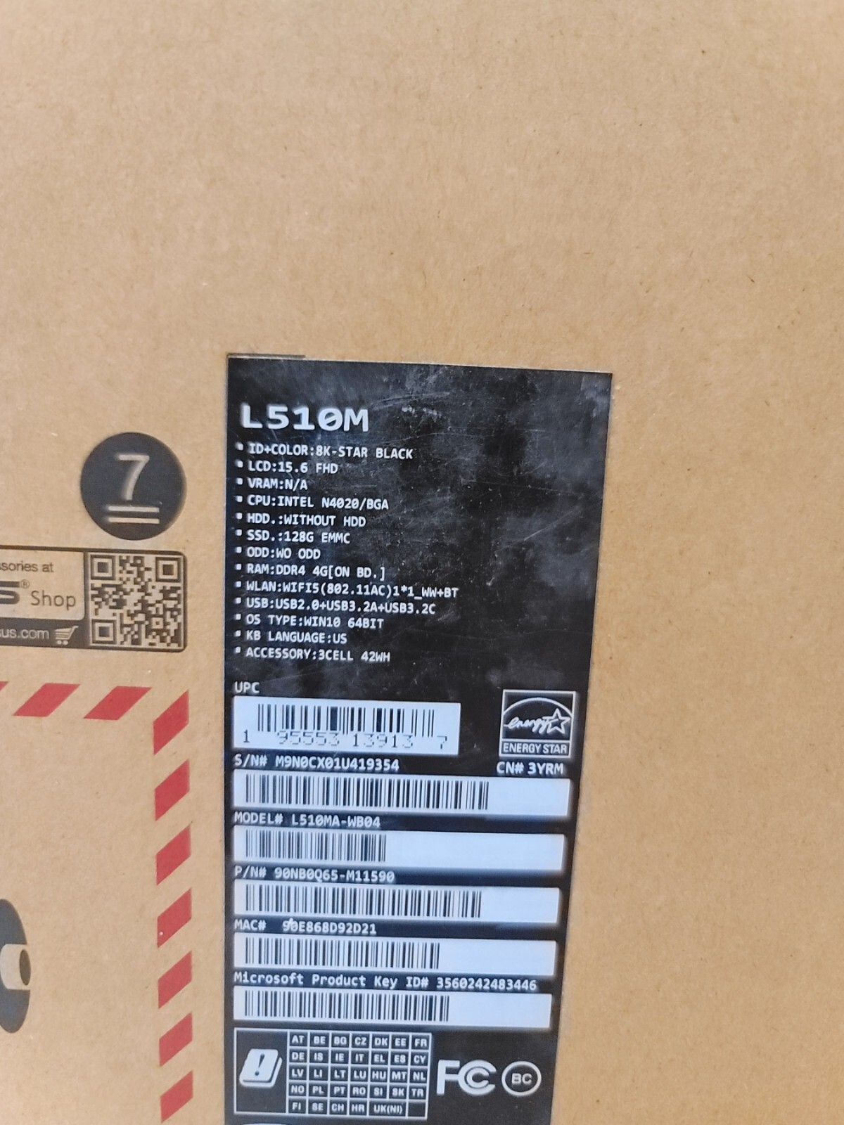 New ASUS L510M INTEL N4020 4GB 128GB SSD 15.6″ WIN10