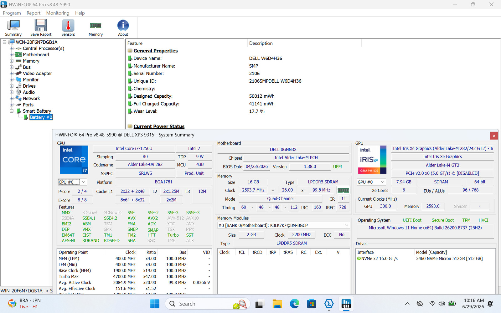 Dell XPS 9315 13″ FHD+ I7-1250U 512GB SSD 16GB W11 Webcam Backlit FP Reader