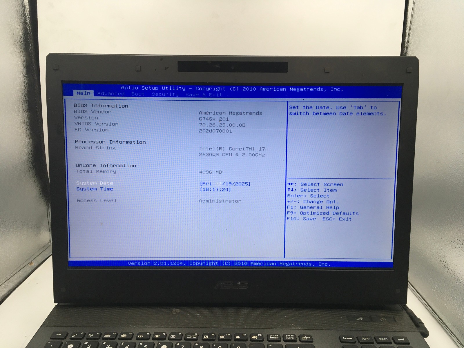 ASUS ROG G74S – BOOTS TO BIOS – INTEL I7 2630QM – NO RAM – 17″ – NO OS -READ- BB