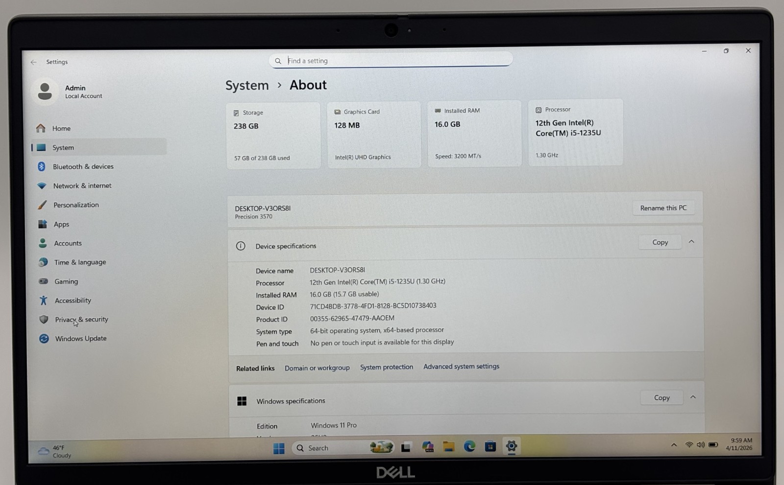 Dell Precision 3570 Laptop PC Intel i5-12th Gen 16GB Ram 256GB NVMe Win11Pro