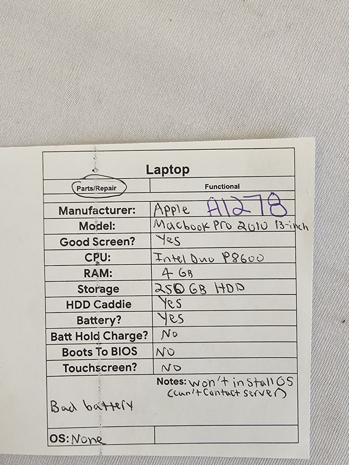 Apple MacBook A1278 Laptop – Intel Duo P8600 – 4GB RAM – BAD BATT – Parts – READ
