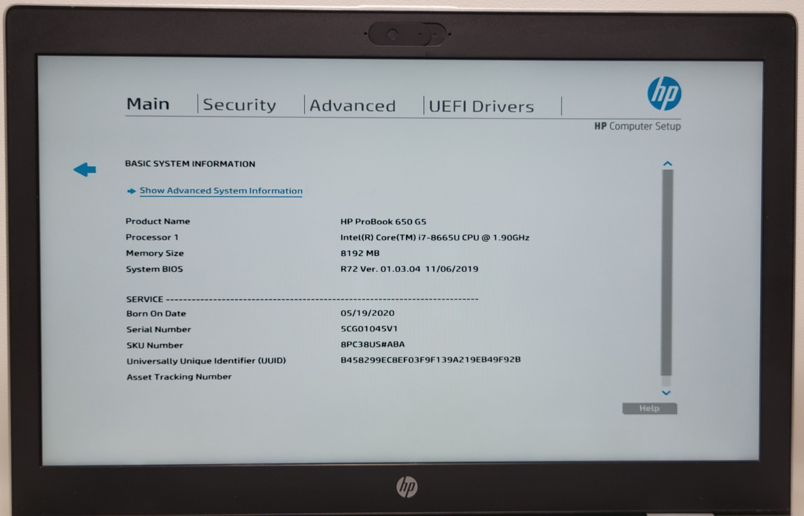 HP Probook 650 G5 i7-8665U RAM 8GB NO ADAPTER (UID TEC967A41D)