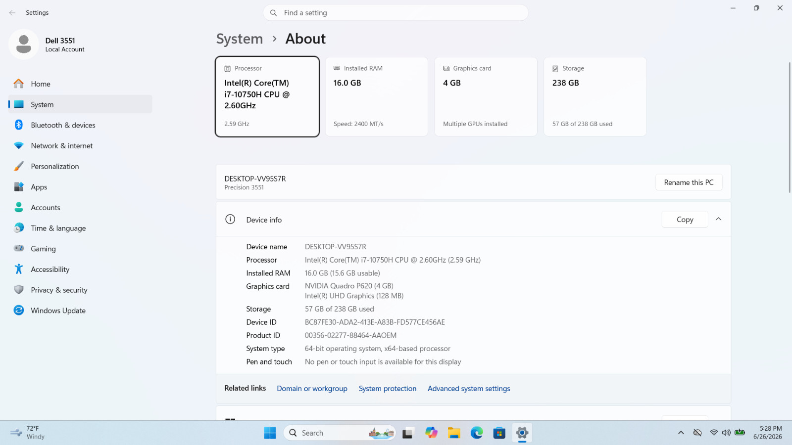 Dell Precision 3551 15″ FHD i7-10850H 256GB 16GB NVIDIA Quadro W11P+NEW BATTERY
