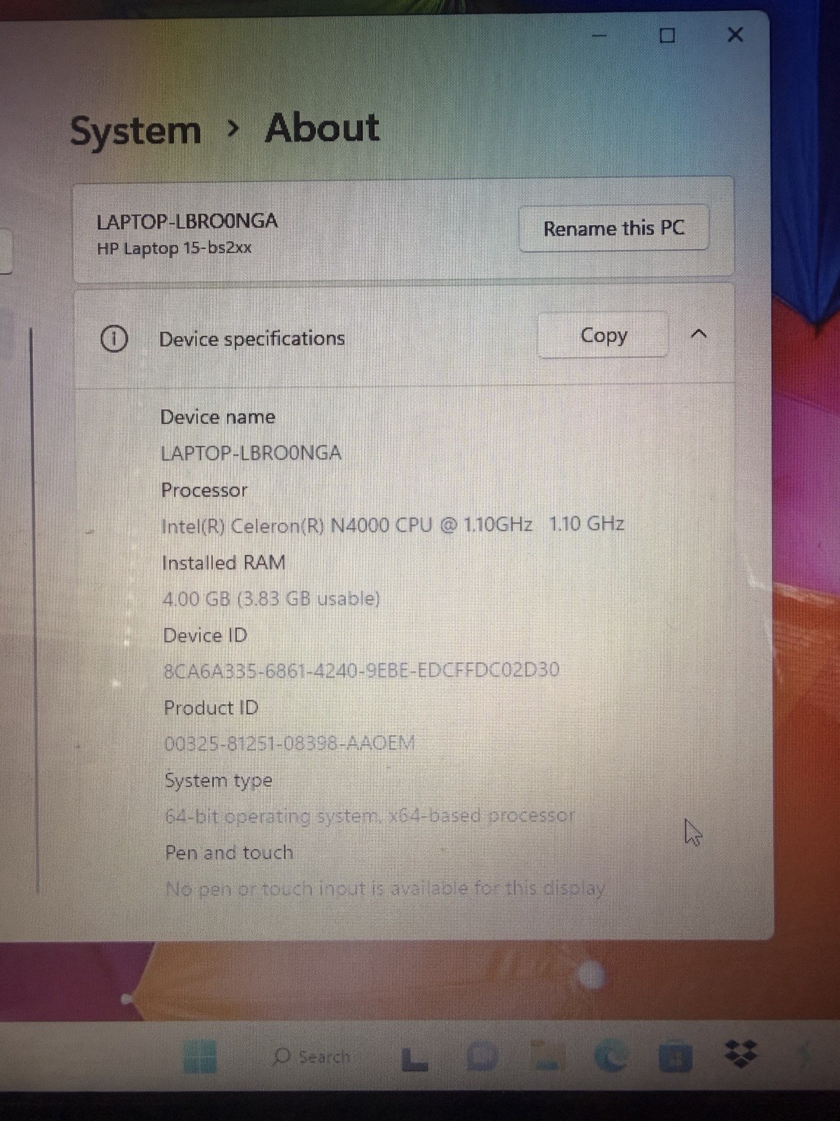 HP Laptop 15-bs2xx Intel Celeron N 1.1GHz 15-inch Laptop with 4GB RAM and No HDD