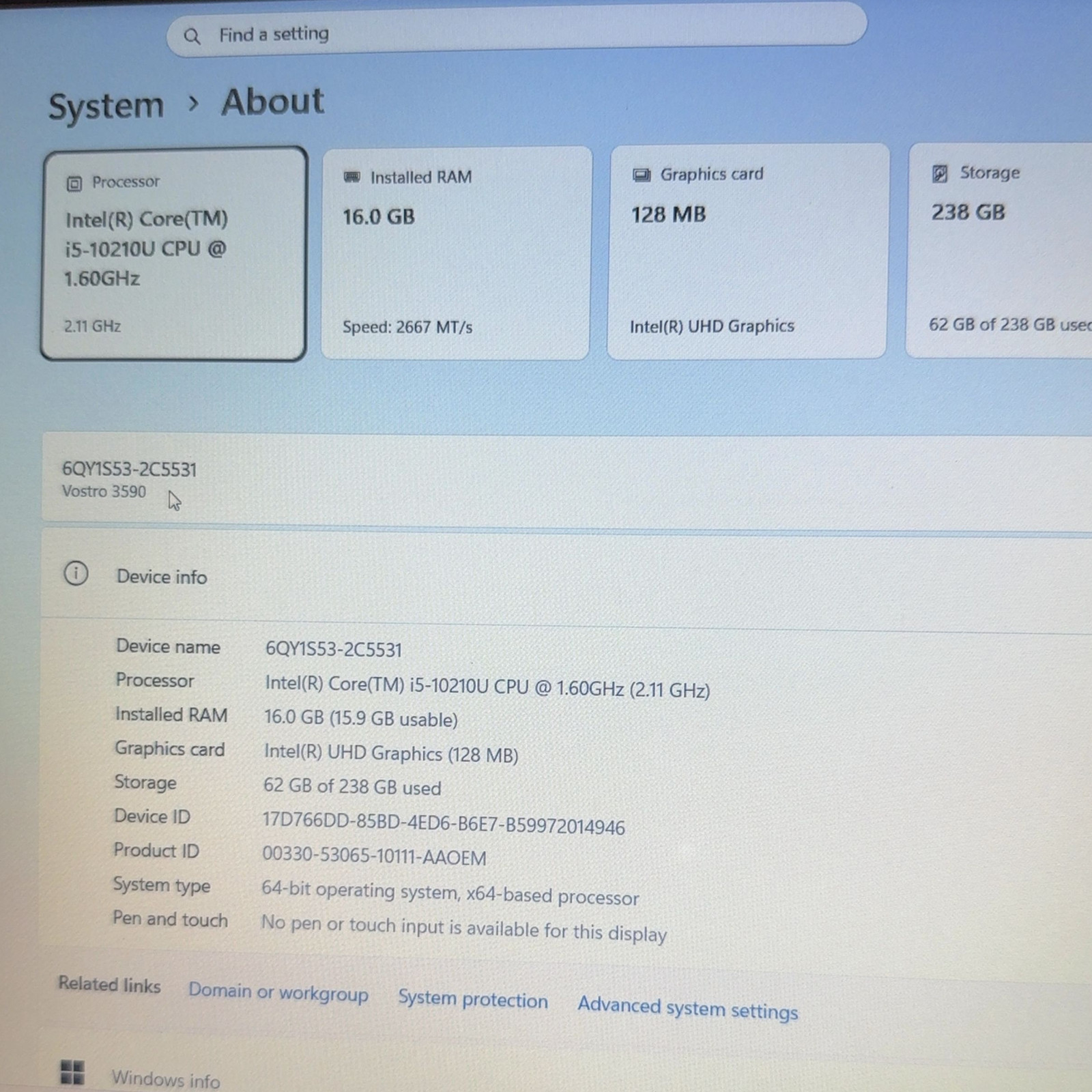 Dell Vostro 3590 Laptop Intel Core i5-10210U 16GB RAM 256GB SSD Windows 11 Pro