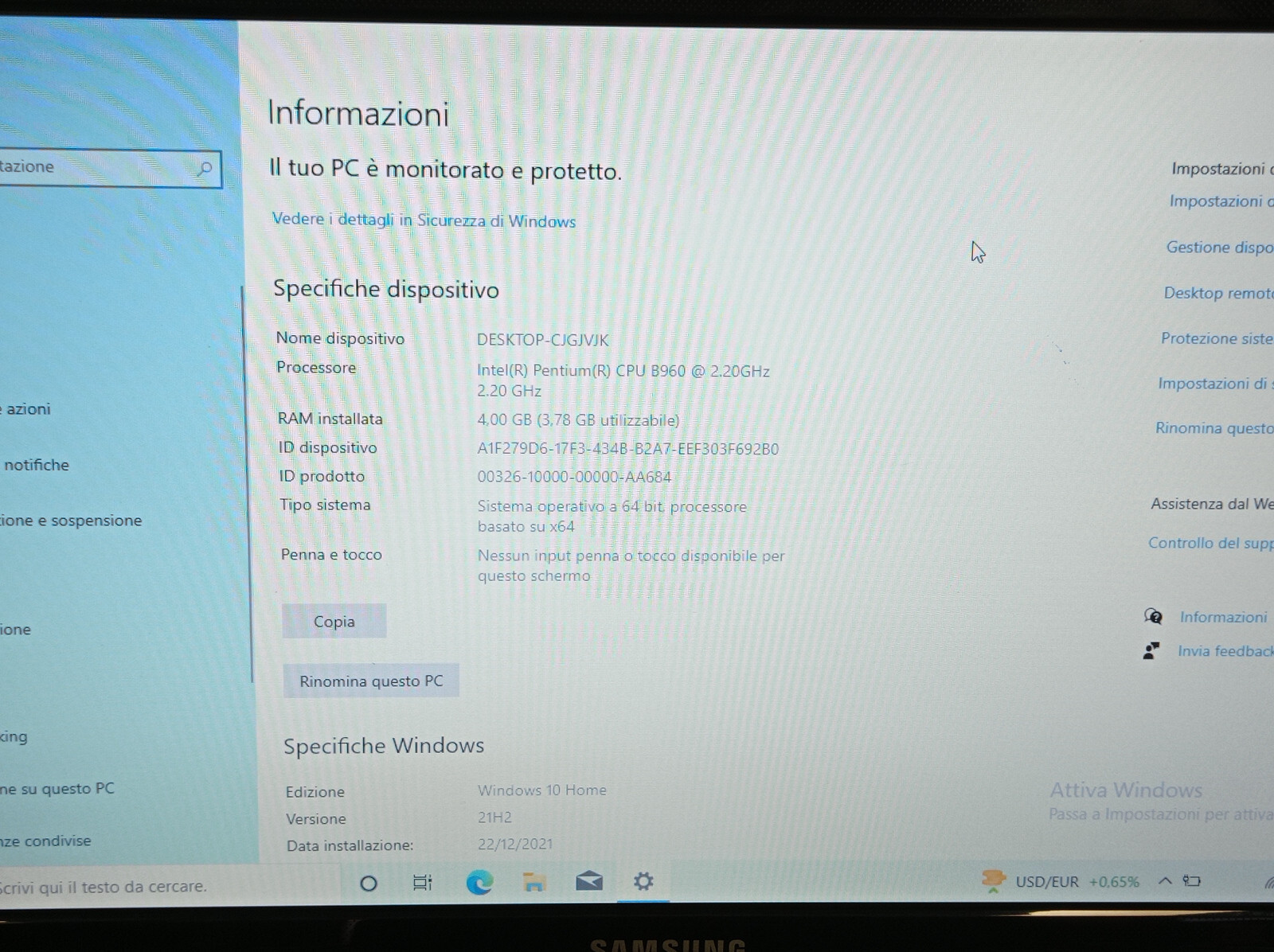 SAMSUNG 300E NOTEBOOK 15,6″ / CPU PENTIUM B960 / RAM 4GB / SSD 250GB / W10