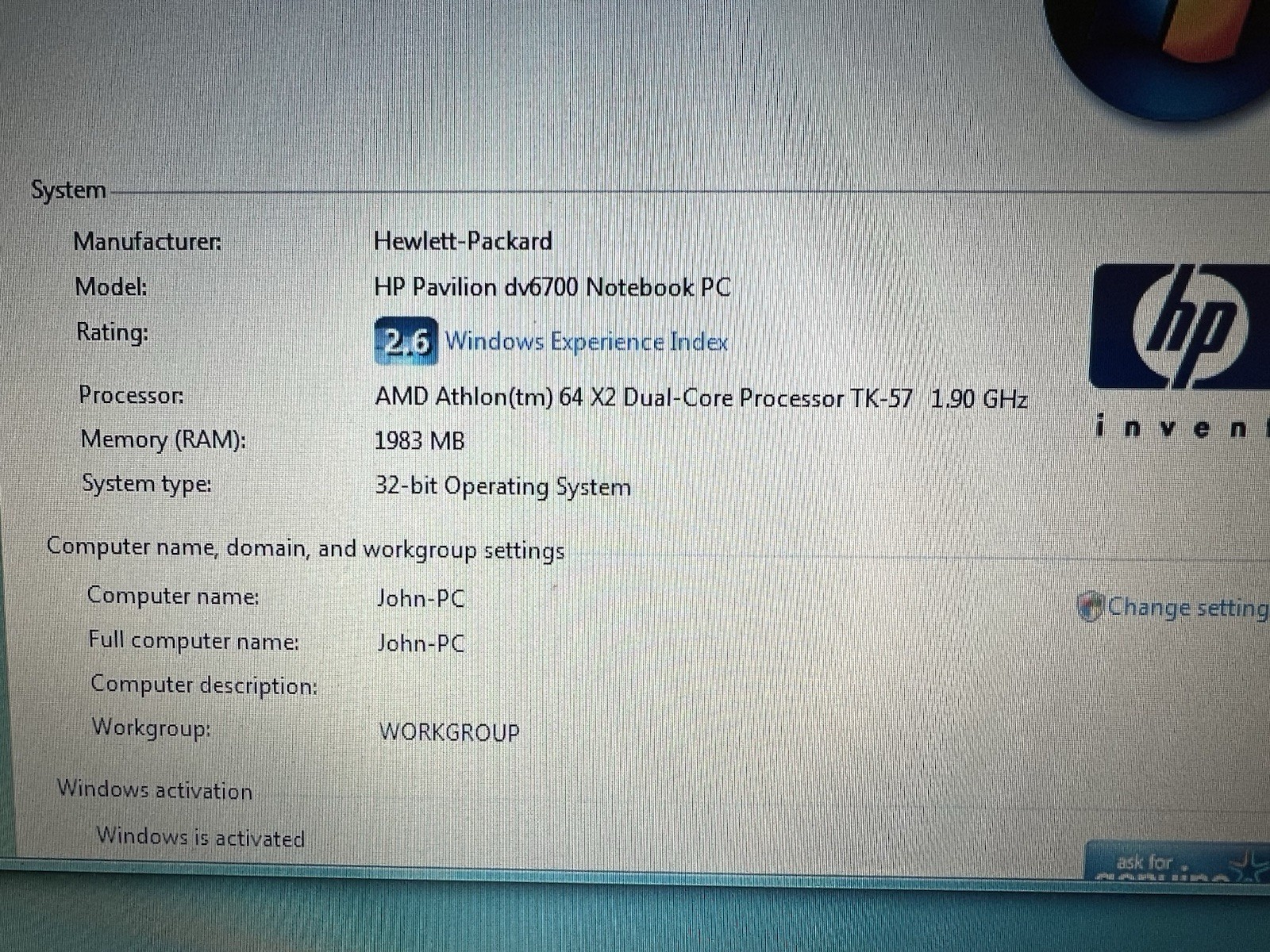 *READ* HP Pavilion DV6000 15” Laptop AMD Athlon 64 X2Dual Core TK-57 1.93GB RAM