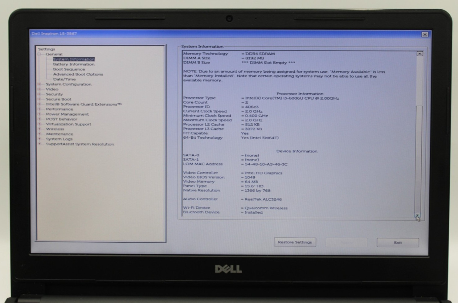 Dell Inspiron 15 3572 i3-6006U@2.0GHz 8GB DDR4 NO STORAGE/OS *USED/TESTED*