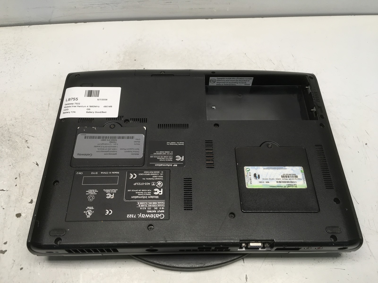 Gateway 7322 Mobile Intel Pentium 4 1860MHz 480 MB NO HDD No Batt