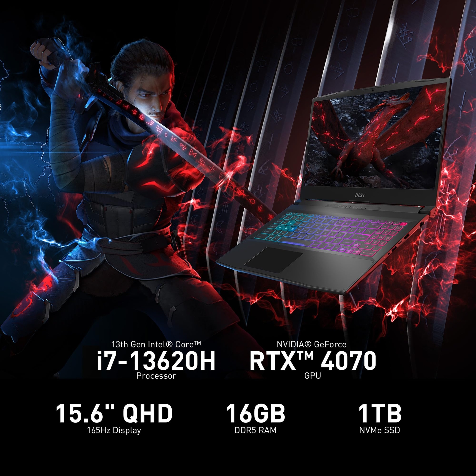 MSI Katana 15 15.6” Gaming i7-13620H RTX 4070 16GB 1TB Win11 H Blk B13VGK-2000US