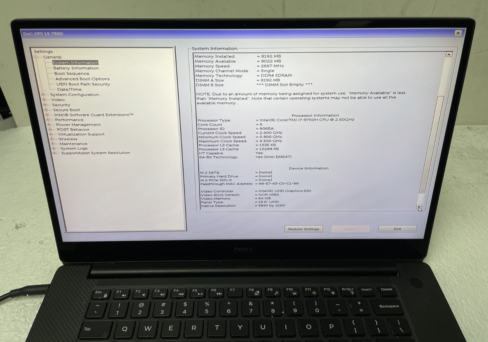 Dell XPS 15 7590 15.6″ Intel i7-9750H @2.60GHz 8GB RAM NO SSD For Parts *READ*