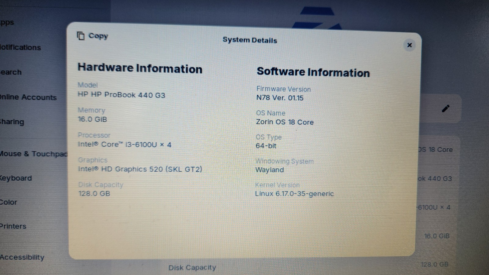 HP Probook 440 G3 16gb ram, Zorin OS 18 installed (Reset)