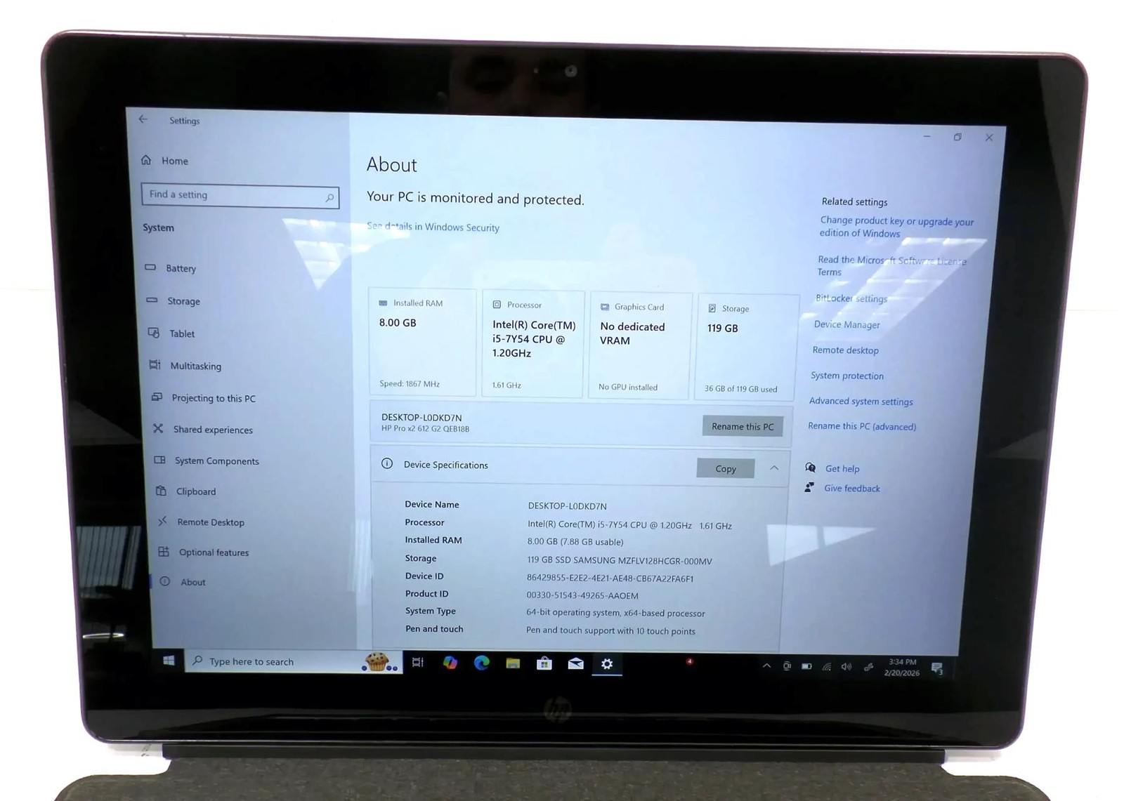 HP Pro X2 612 G2 Tablet Core i5-7Y54 1.20GHz 8GB 128GB SSD