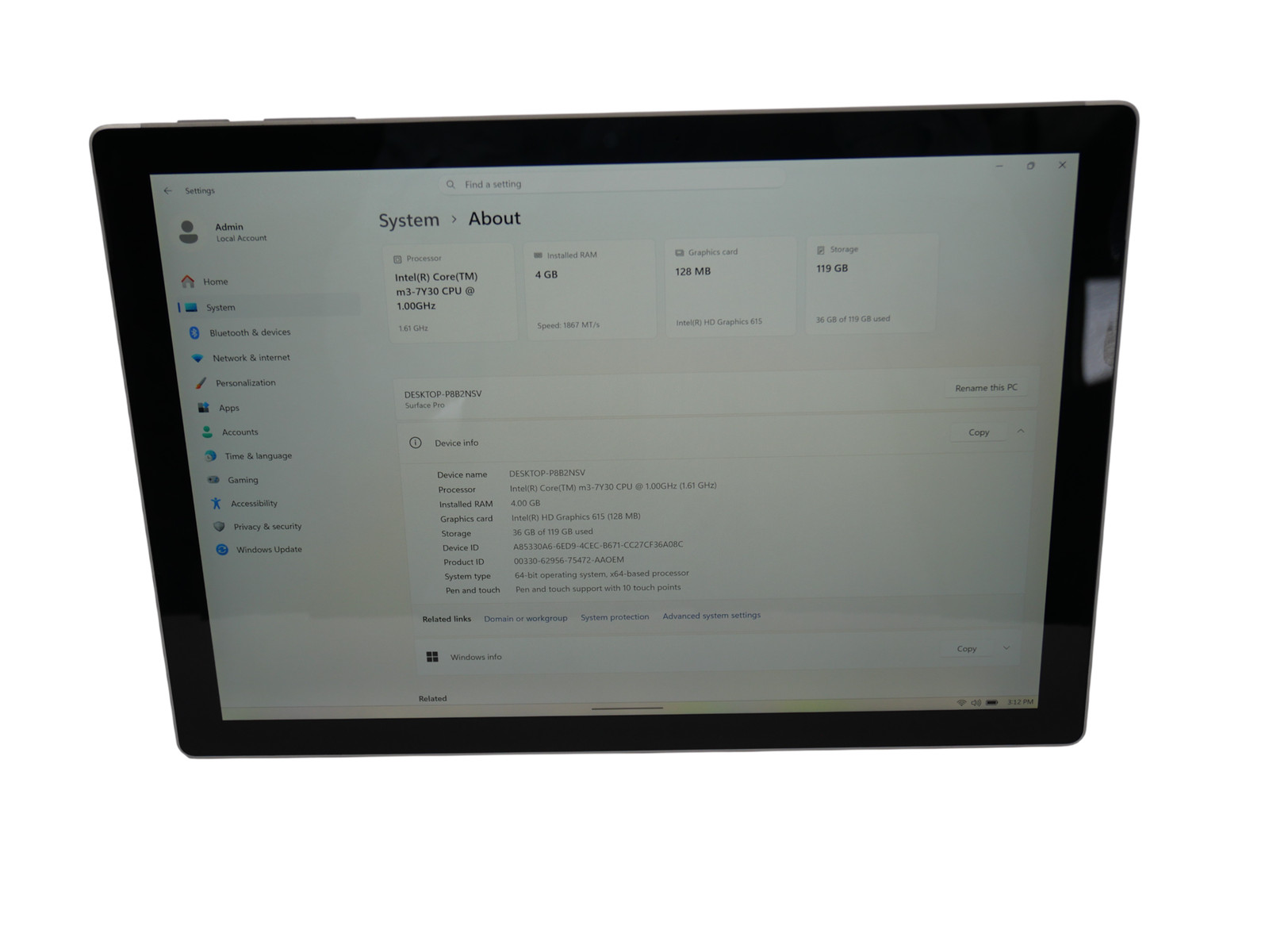 Microsoft Surface Pro 5 1796 Core m3-7y30 1.00GHz 4GB 128GB Tablet