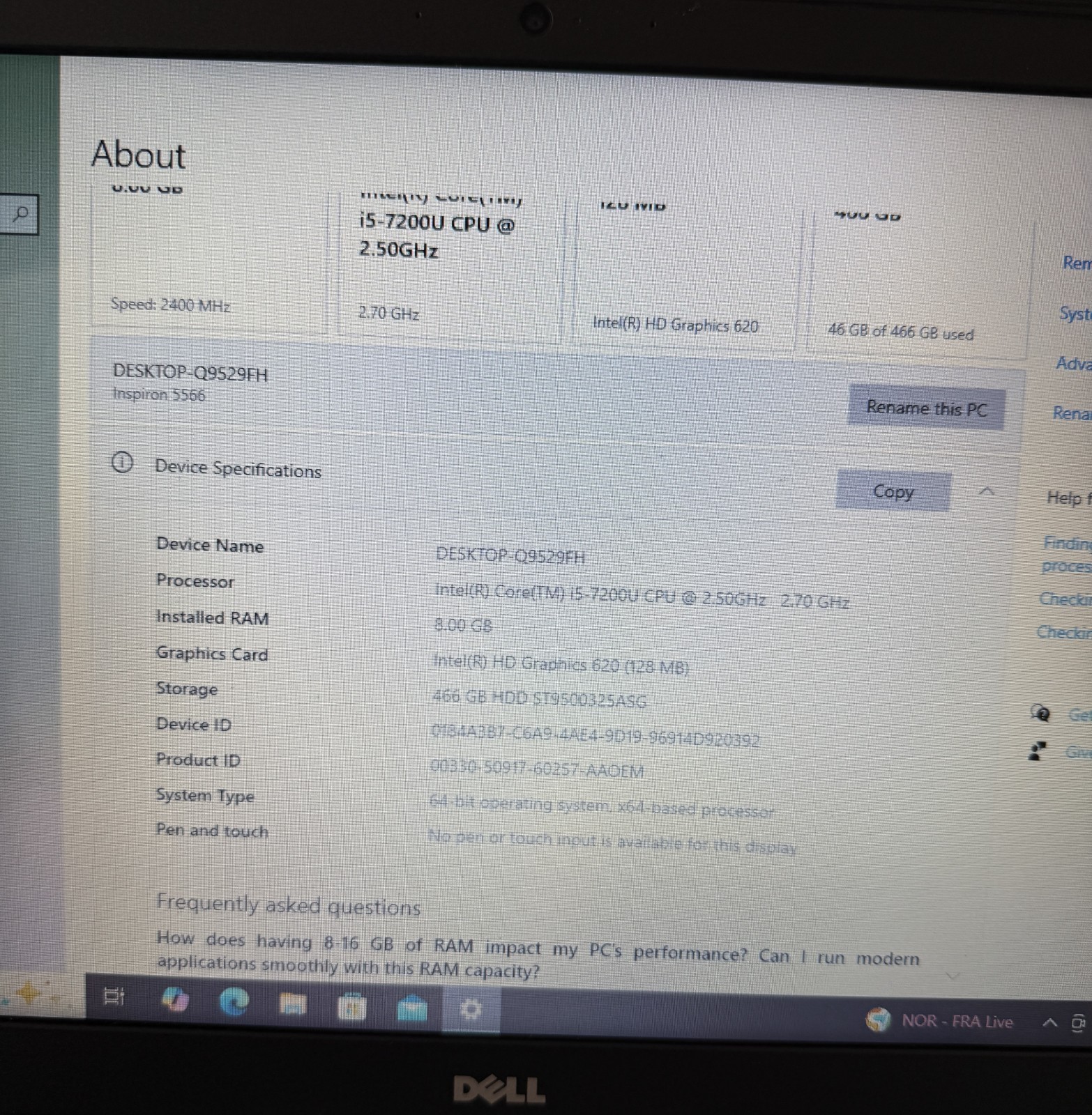 Dell Inspiron 5566 i5 7200 8GB RAM 500GB HDD Windows 10 Pro