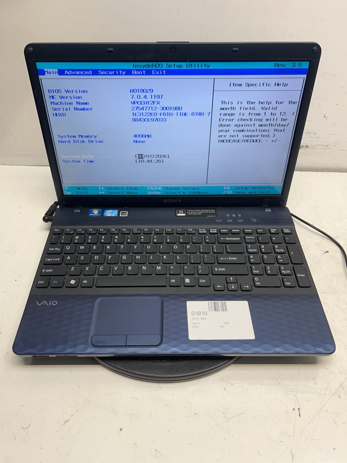 Sony Vaio VPCEH12FX Intel i3 4GB NO HDD NO BAT