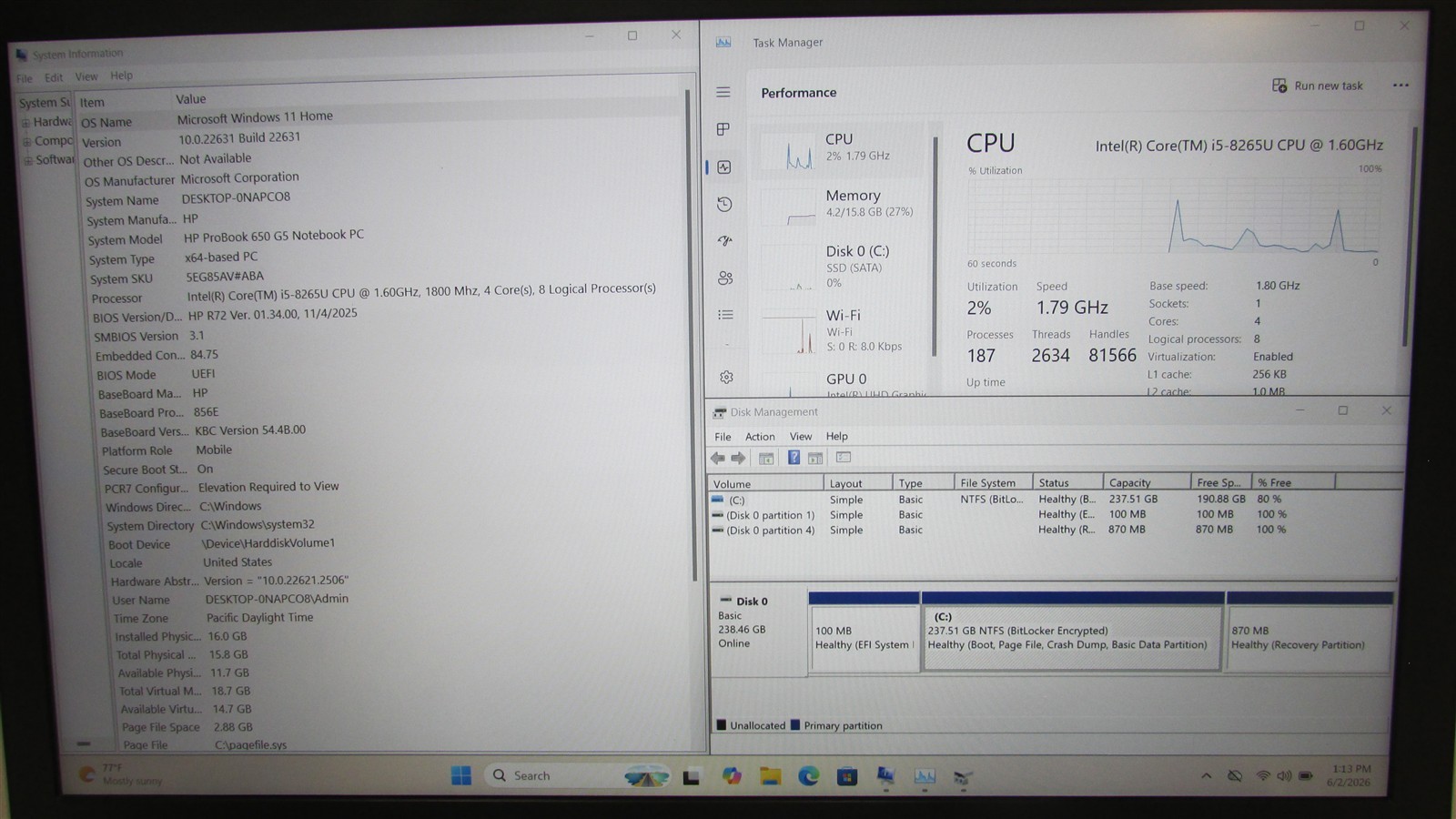 HP Probook 650 G5 i5-8265U 1.6GHz 16GB RAM 256GB m.2 15.6″ Win 11 Home MISS KEY