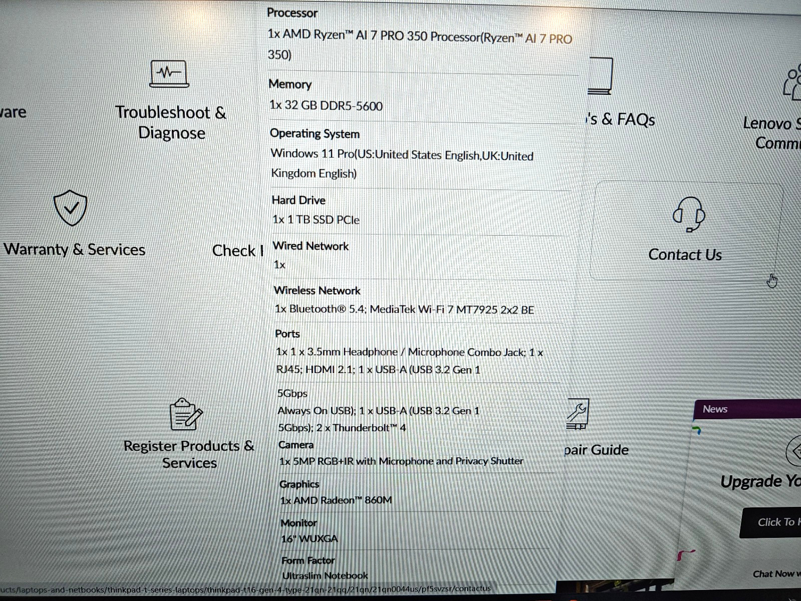 Lenovo ThinkPad T16 Gen 4 (Touch) — Ryzen AI 7 PRO 350 32GB 1TB SSD WTY 2029