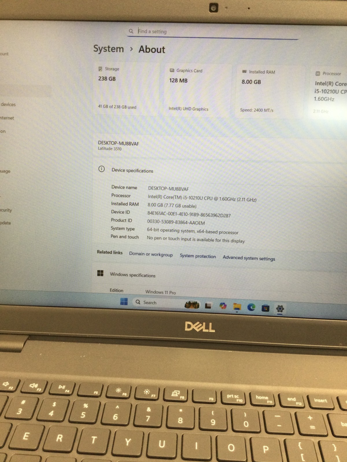 Dell Latitude 3510 15.6”Core i5-10210U 1.60GHz 8GB RAM 512GB SSD WIN 11 PRO