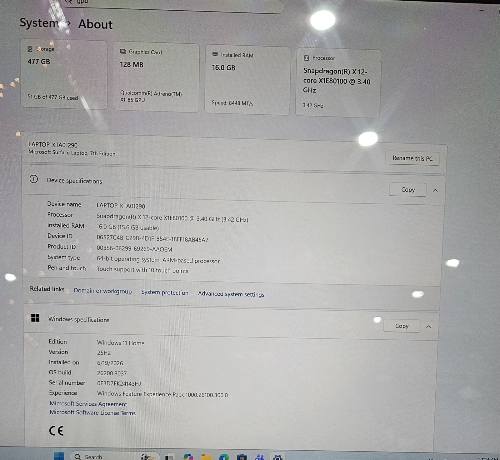 Microsoft 2037 Surface Laptop Snapdragon X Elite 16GB Go RAM GT RAM 512GB