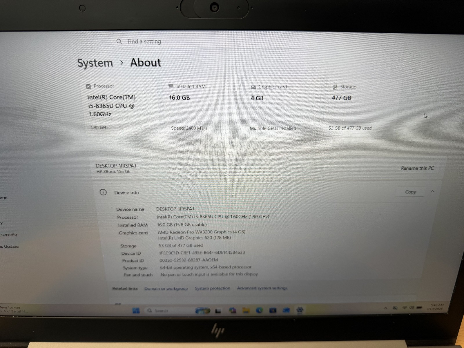 HP zBook 15u G6 i5-8365U 16GB RAM 512GB SSD WX3200 GPU FHD Win11 Reset READ