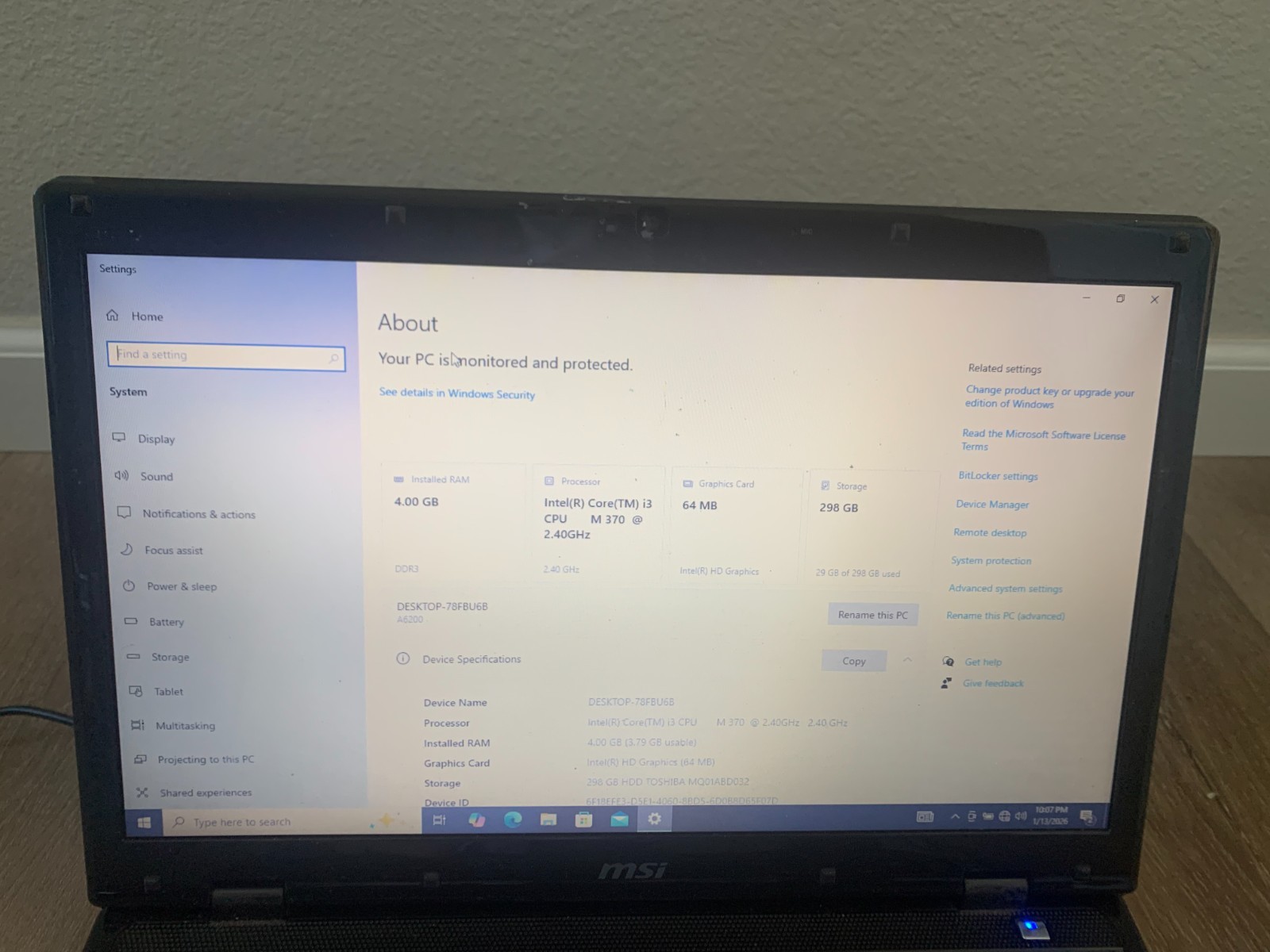 MIS A6200 MS-1681 15.6” Intel Core i3 M370 2.40GHz 4GB RAM 320GB HDD Win 10 Pro