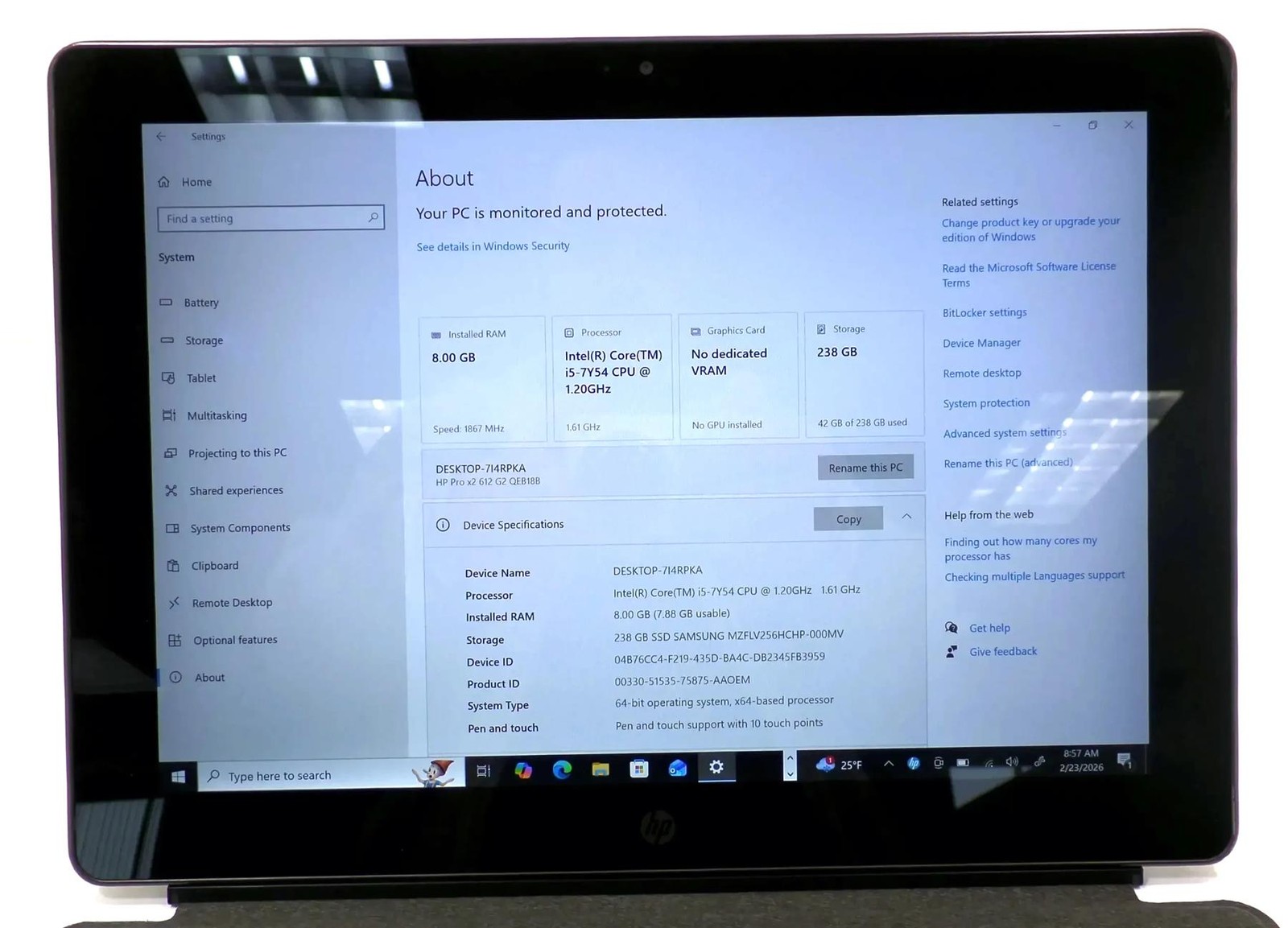 HP Pro X2 612 G2 Tablet Core i5-7Y54 1.20GHz 8GB 256GB SSD