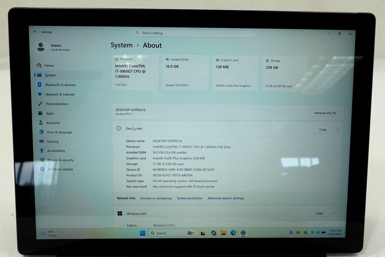 Microsoft Surface Pro7 1866 12.3″ Core i7-1065G7 1.3GHz 16GB 256GB SSD
