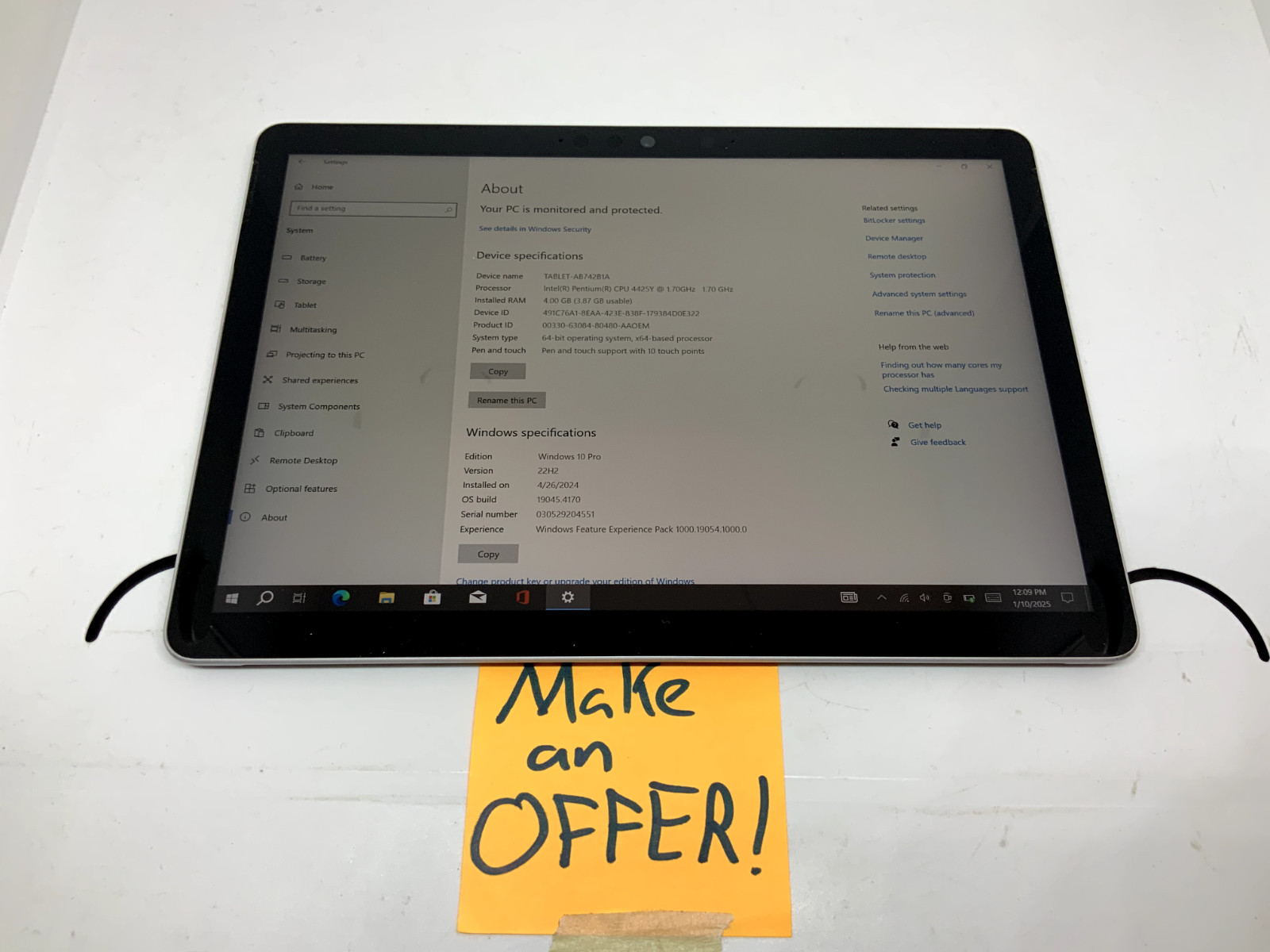 Microsoft Surface Go 2 (10.5″, Intel Pentium 4425Y, 4GB, 64GB, 1926) w/ Charger