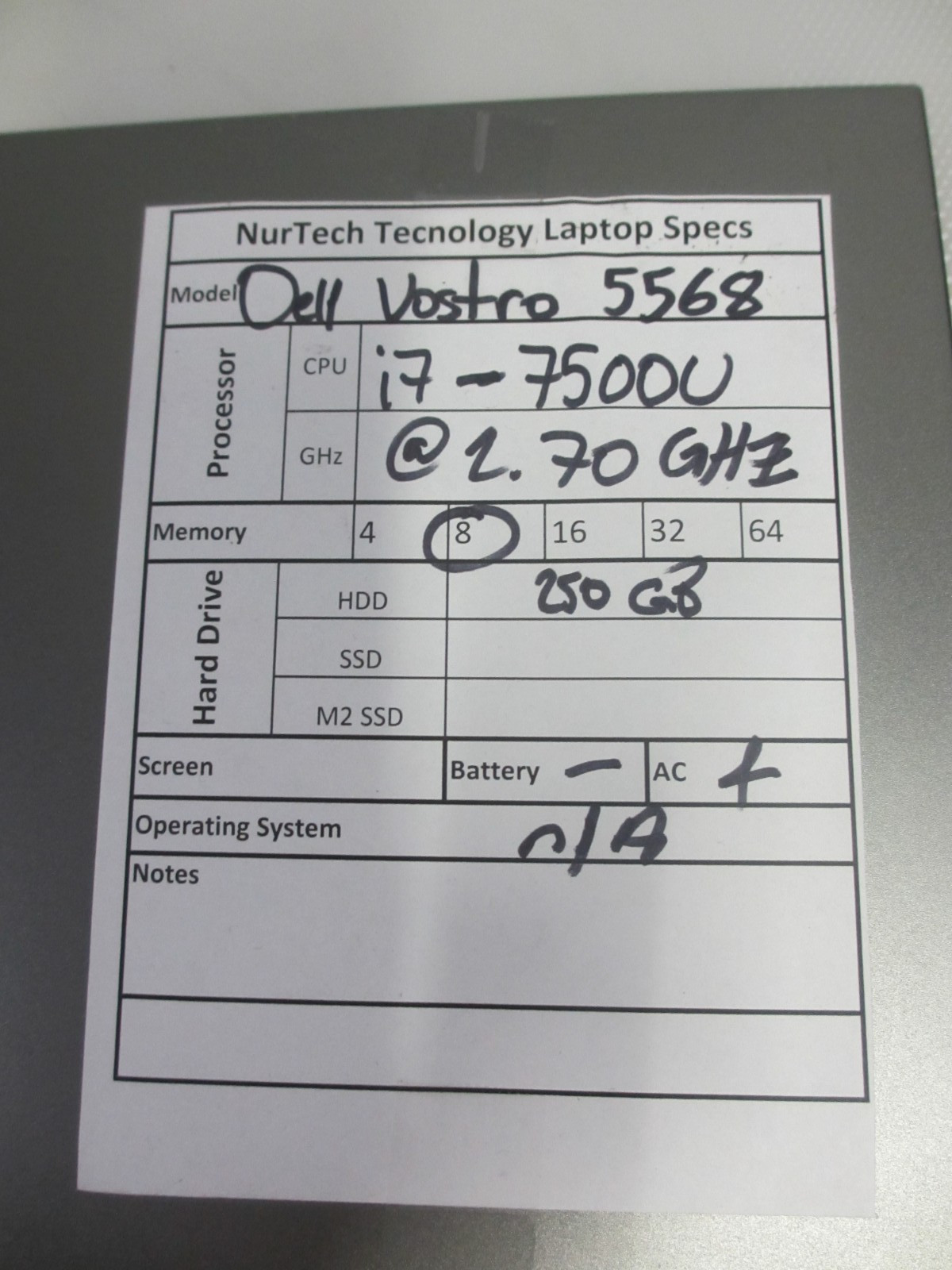 Dell Vostro 5568 Intel i7-7500U 2.7GHz 8GB 250 GB HDD NO OS, NO BATTERY