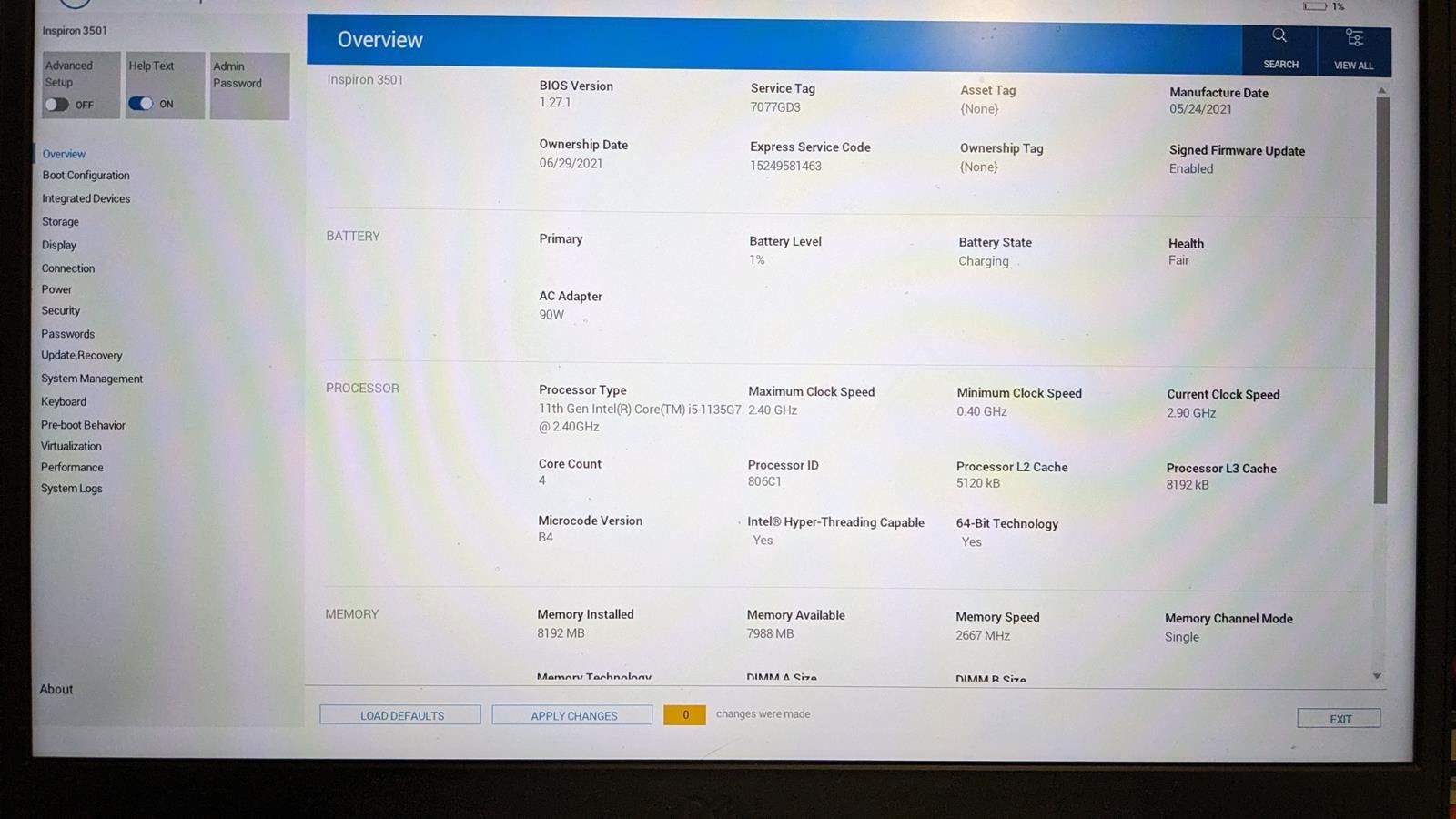 DELL INSPIRON 3501 i5-1135G7 @ 2.40GHz, 8GB RAM, NO HDD/OS