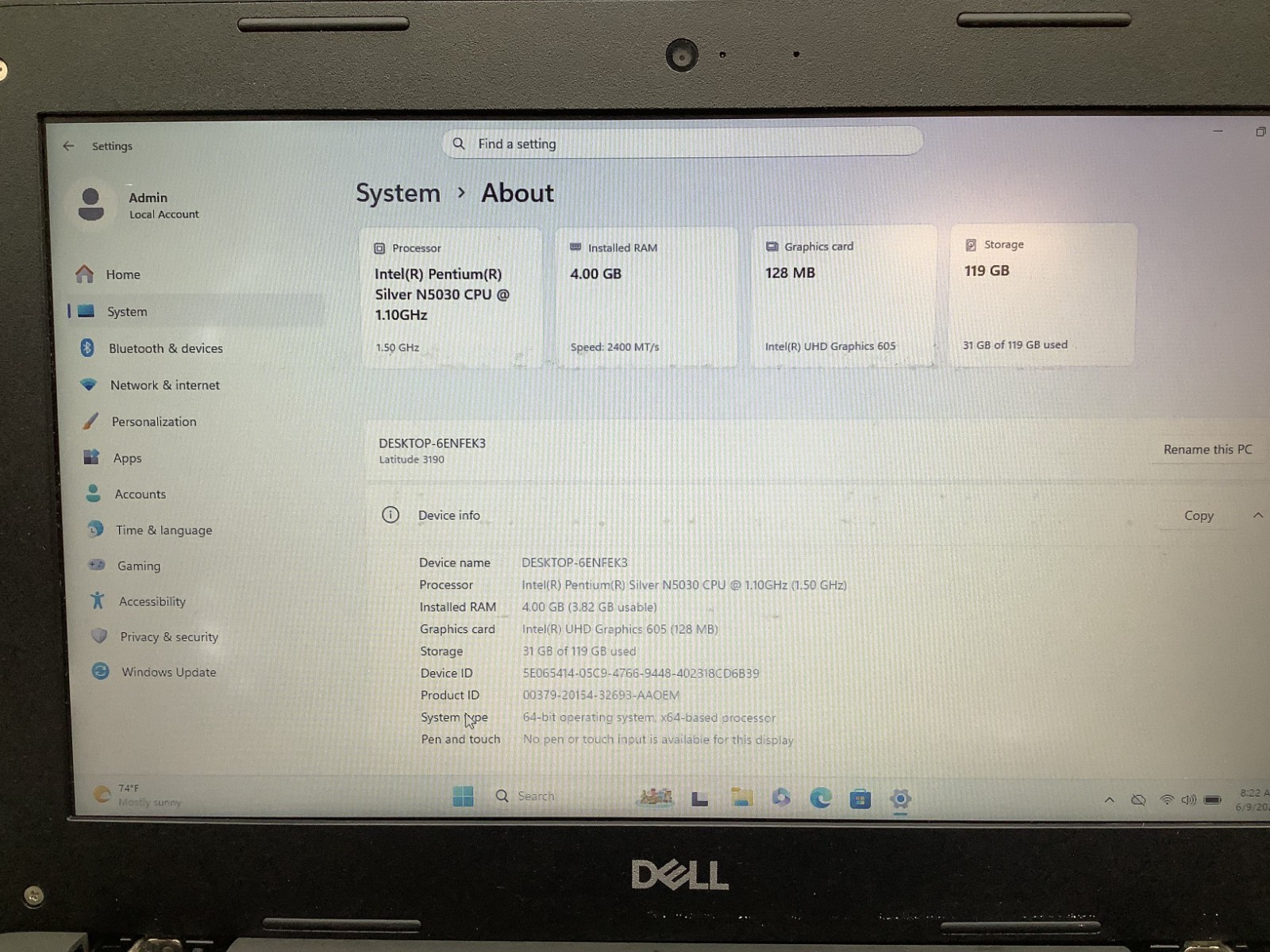 Dell Latitude 3190 11.6″ Pentium Silver N5030 @ 1.7GHz 4GB RAM 128GB SSD Read
