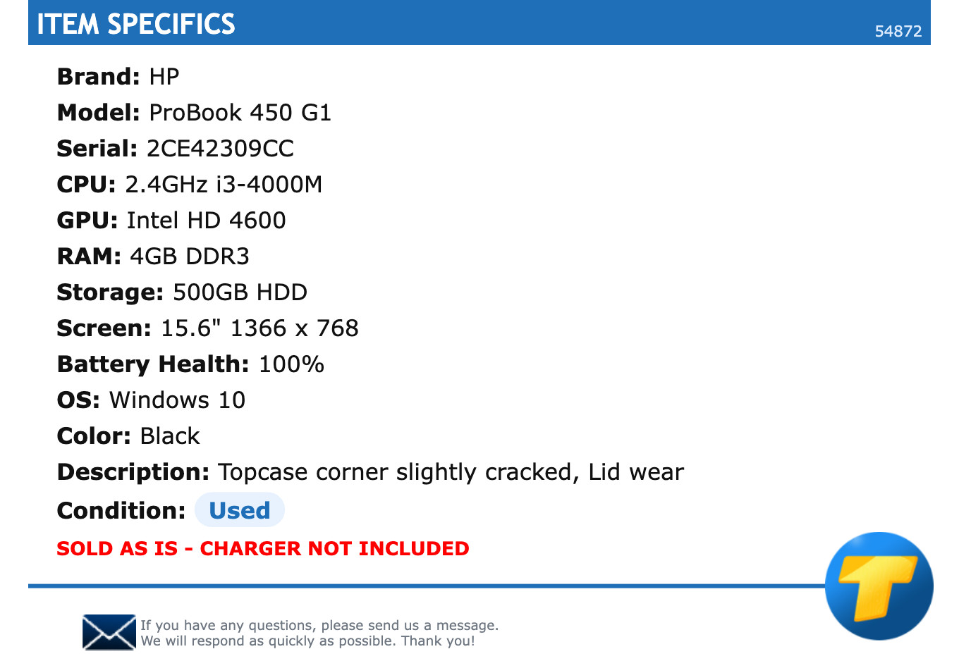 HP ProBook 450 G1 – 15.6″ HD, 2.4GHz i3, 4GB RAM, 500GB HDD, Windows 10