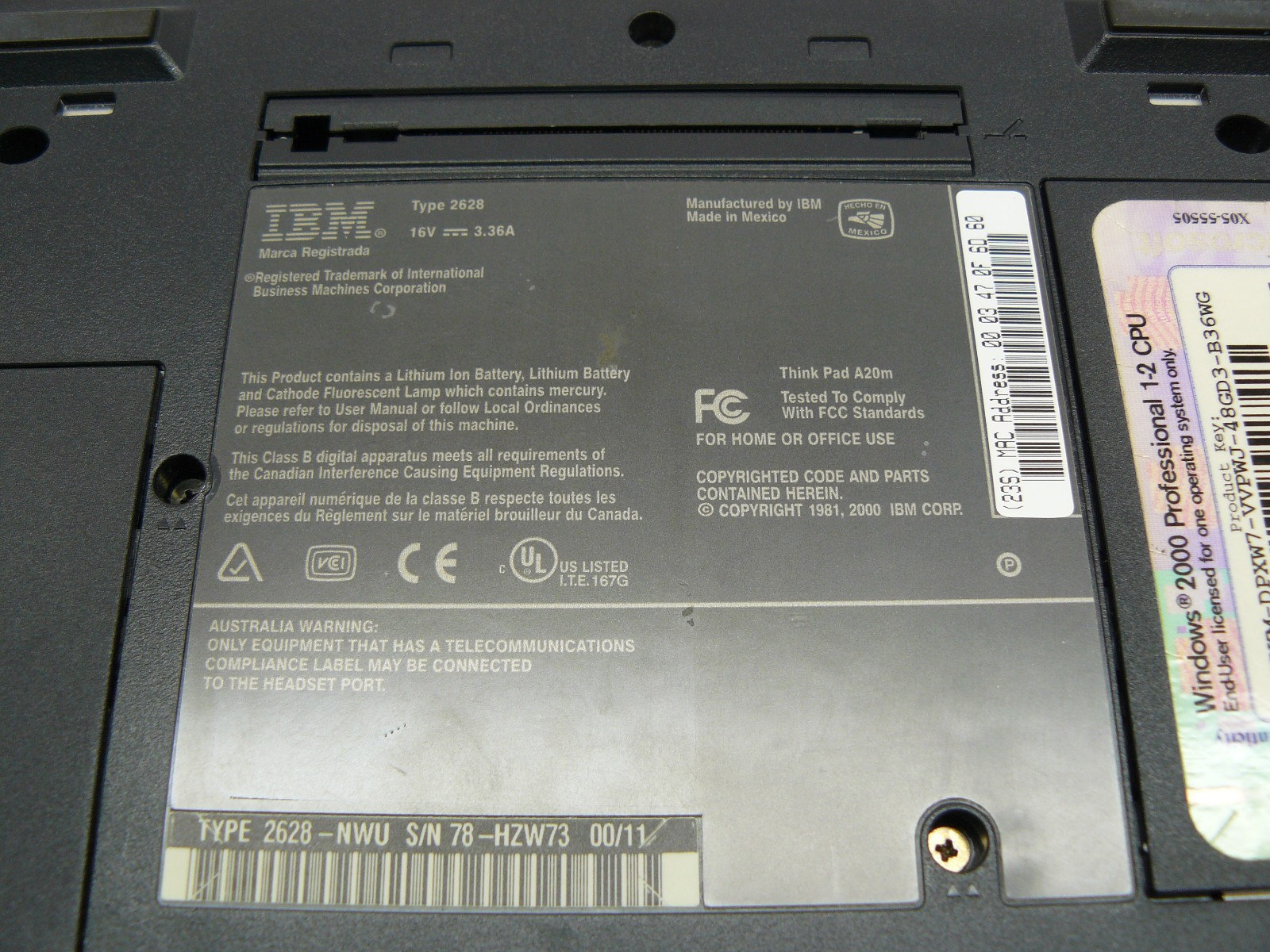 IBM Thinkpad A20m – For Parts/Repair, No Power – Celeron 500MHz, 64MB RAM – 2000
