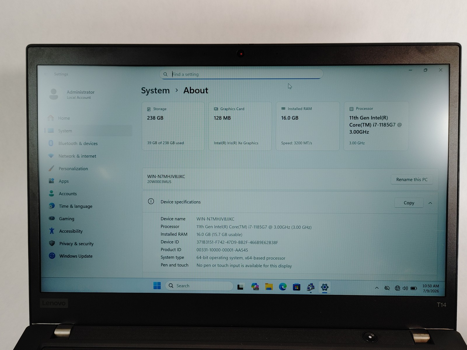 Lenovo ThinkPad T14 Gen 2 Core i7-1185G7 3.00 GHz 16 GB DDR4 256 GB NVMe Windows
