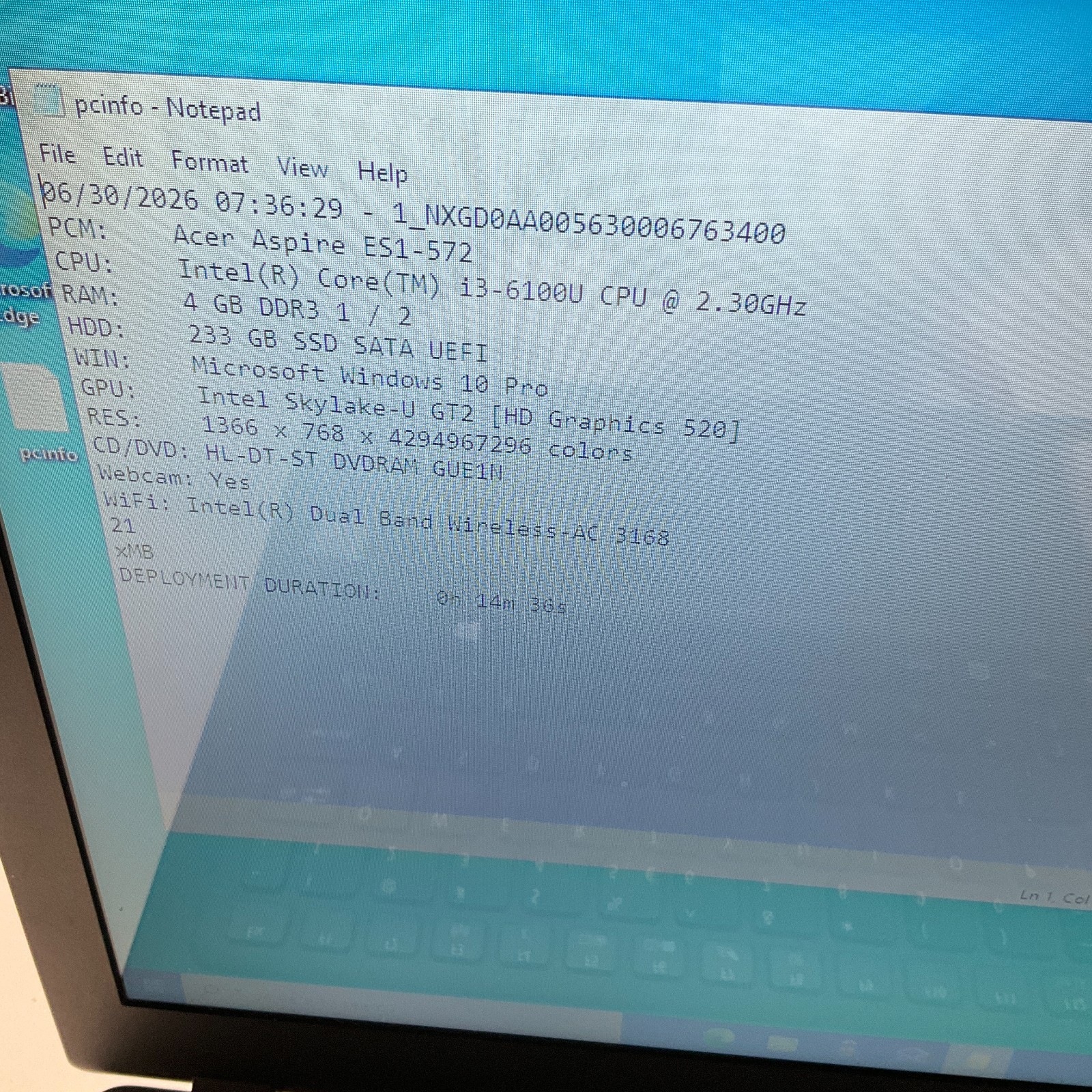 Acer Aspire ES1-572 Laptop Intel Core i3-6100U @ 2.30 GHz 4GB 250GB SSD Win 10