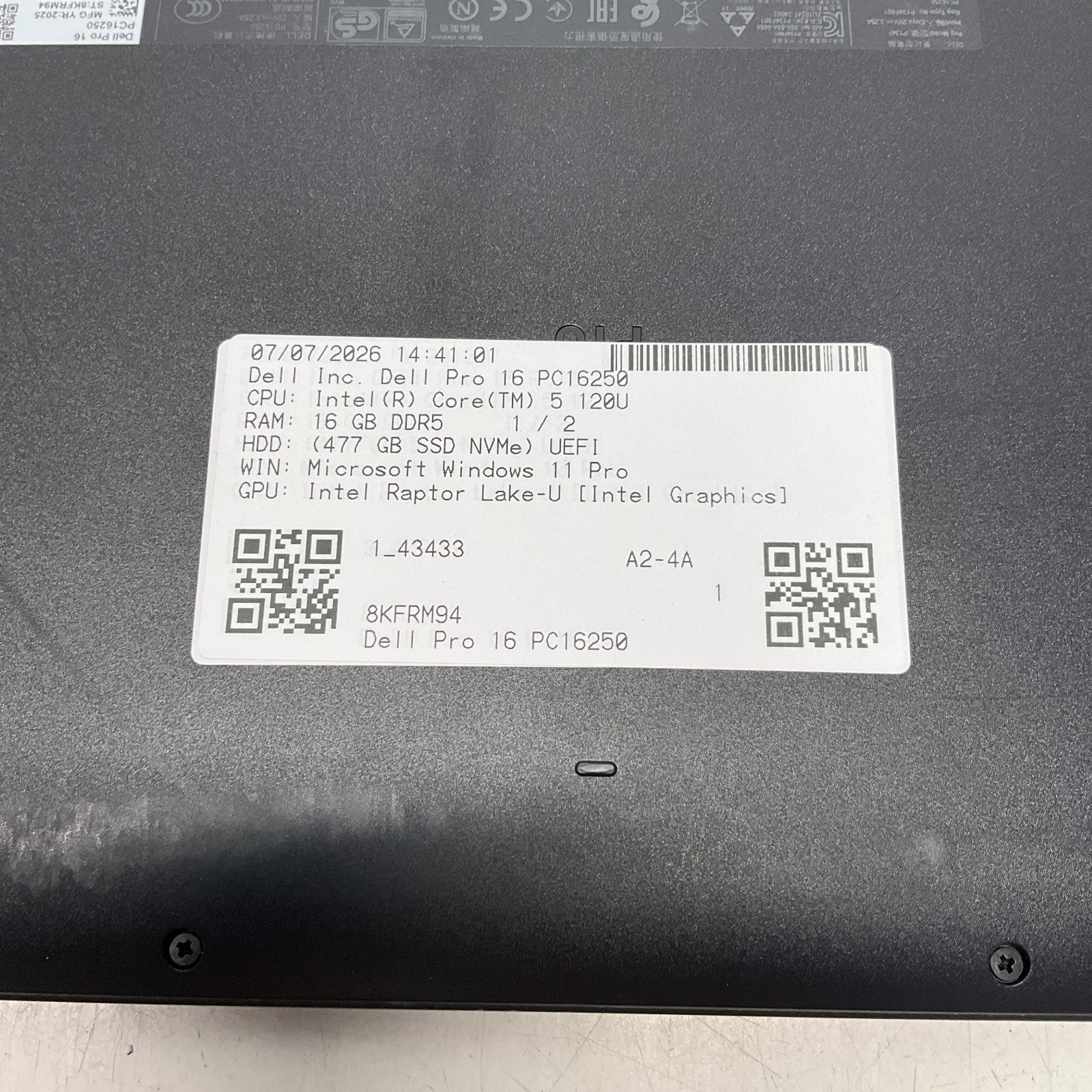 DELL Pro 16 PC16250 Laptop 16″ Core 5 120U 16GB RAM 512GB SSD Win 10 Pro