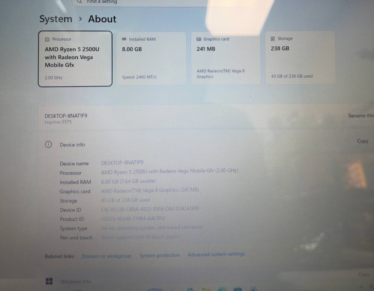 Dell Inspiron 5575 15.6″ TouchScreen Laptop Ryzen 5 2500U 8GB RAM 256GB Win 11