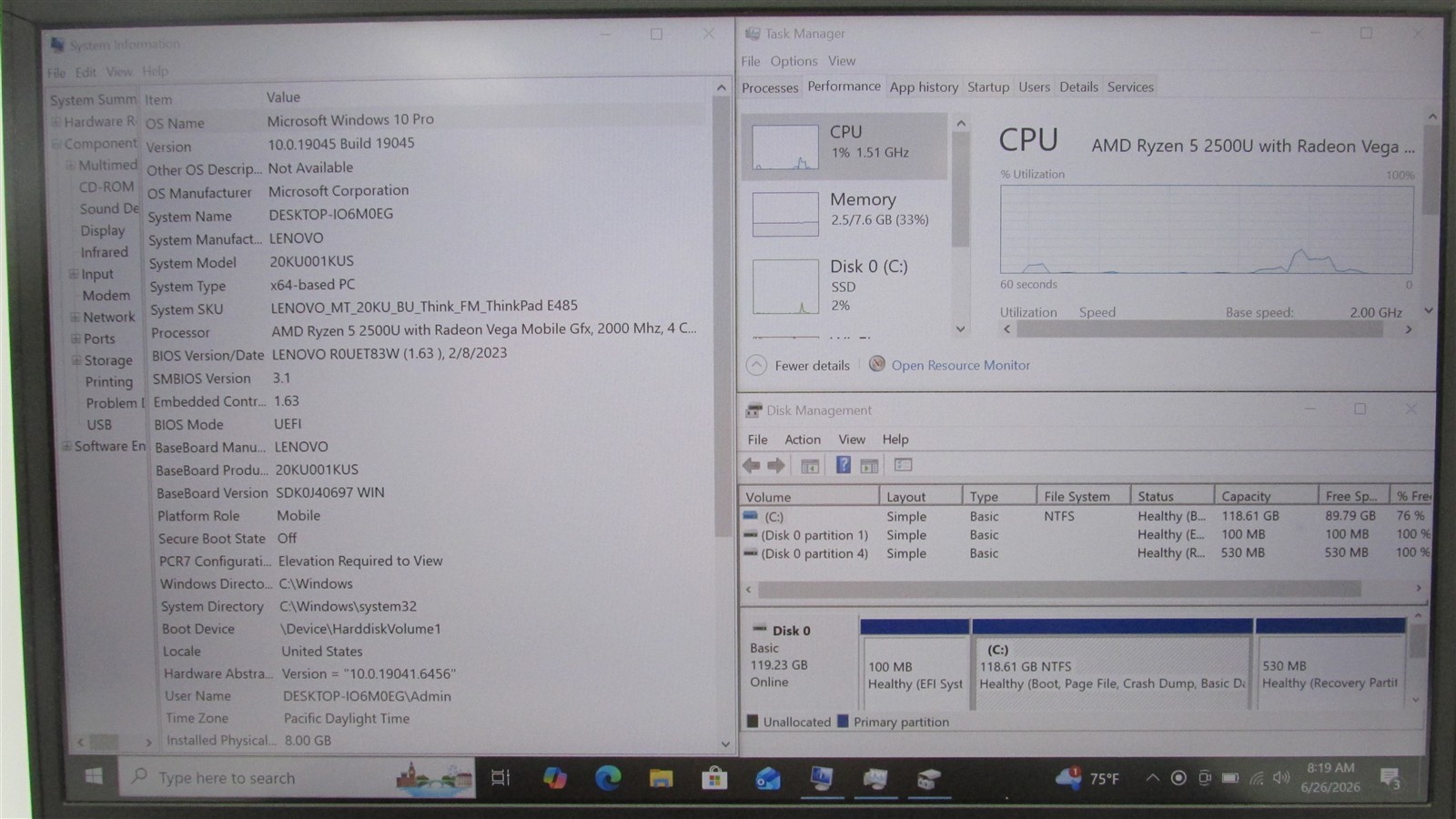 Lenovo Thinkpad E485 Ryzen 5 2500U 2.0GHz 8GB RAM 128GB NVME 14″ W10 Pro COS DMG