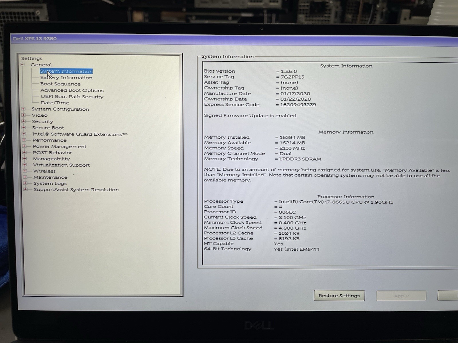 Dell XPS 13 9380, Intel Core i7-8665U @ 1.90GHz, 16GB RAM, NO SSD, No OS,